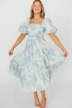 Best Worth Collective Elena Floral Print Smocked Midi Dress in Blue - Bump Friendly & Inclus