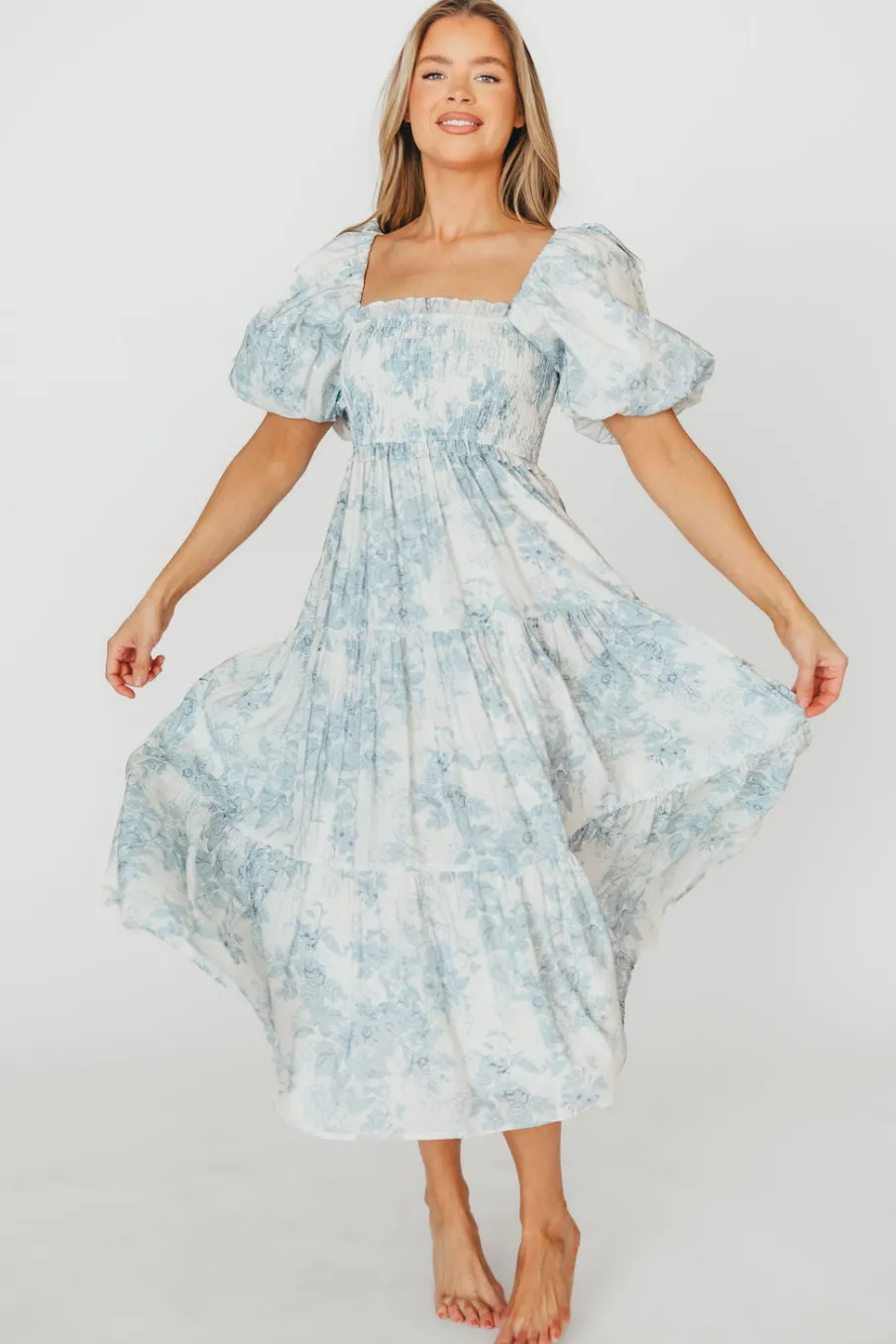 Best Worth Collective Elena Floral Print Smocked Midi Dress in Blue - Bump Friendly & Inclus