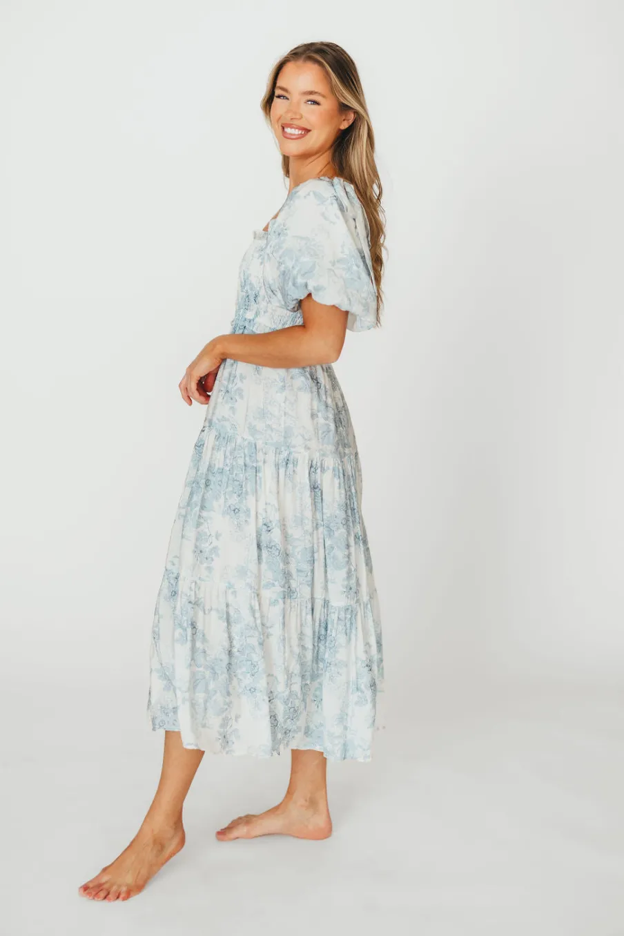 Best Worth Collective Elena Floral Print Smocked Midi Dress in Blue - Bump Friendly & Inclus