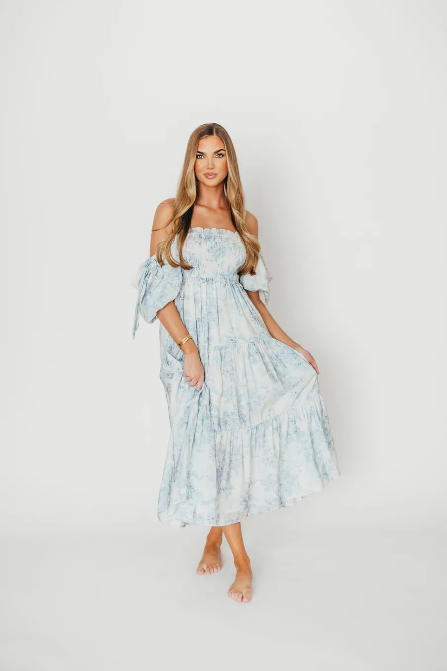 Best Worth Collective Elena Floral Print Smocked Midi Dress in Blue - Bump Friendly & Inclus