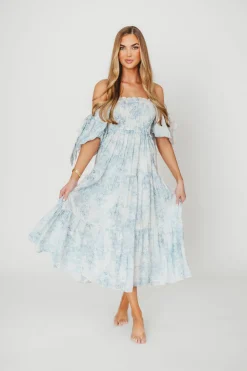 Best Worth Collective Elena Floral Print Smocked Midi Dress in Blue - Bump Friendly & Inclus