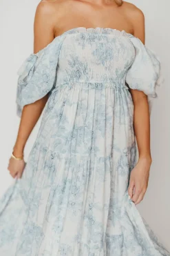 Best Worth Collective Elena Floral Print Smocked Midi Dress in Blue - Bump Friendly & Inclus