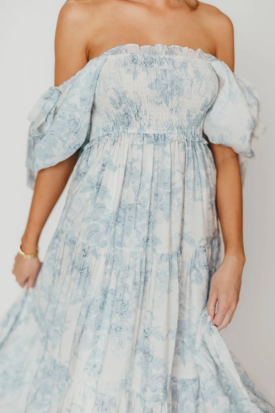 Best Worth Collective Elena Floral Print Smocked Midi Dress in Blue - Bump Friendly & Inclus