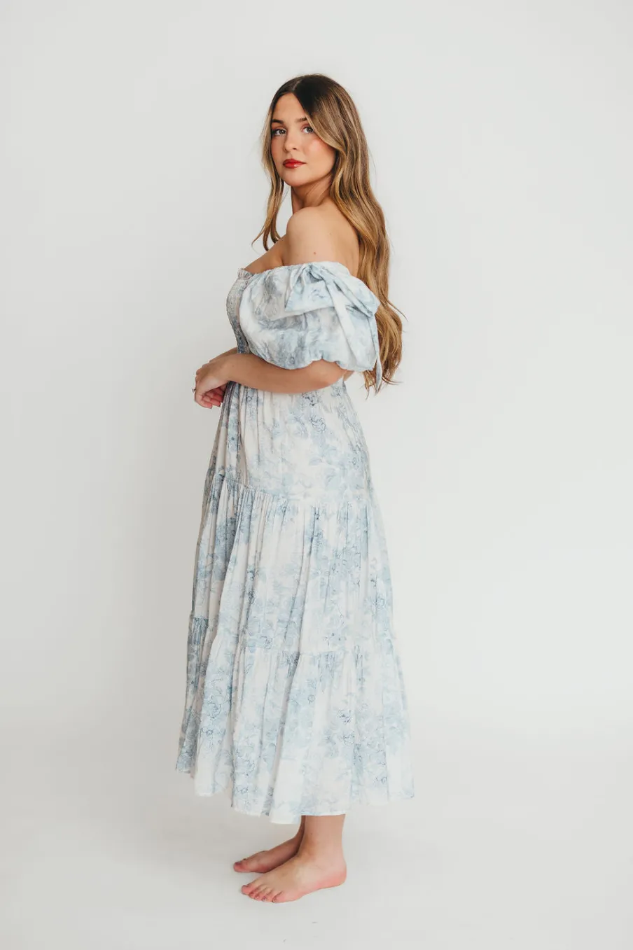 Best Worth Collective Elena Floral Print Smocked Midi Dress in Blue - Bump Friendly & Inclus