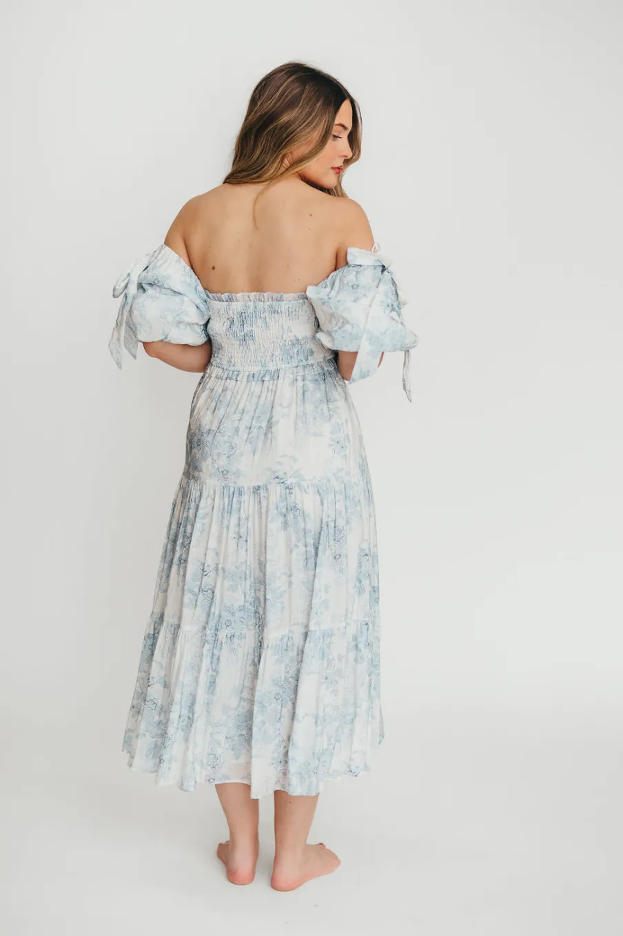 Best Worth Collective Elena Floral Print Smocked Midi Dress in Blue - Bump Friendly & Inclus