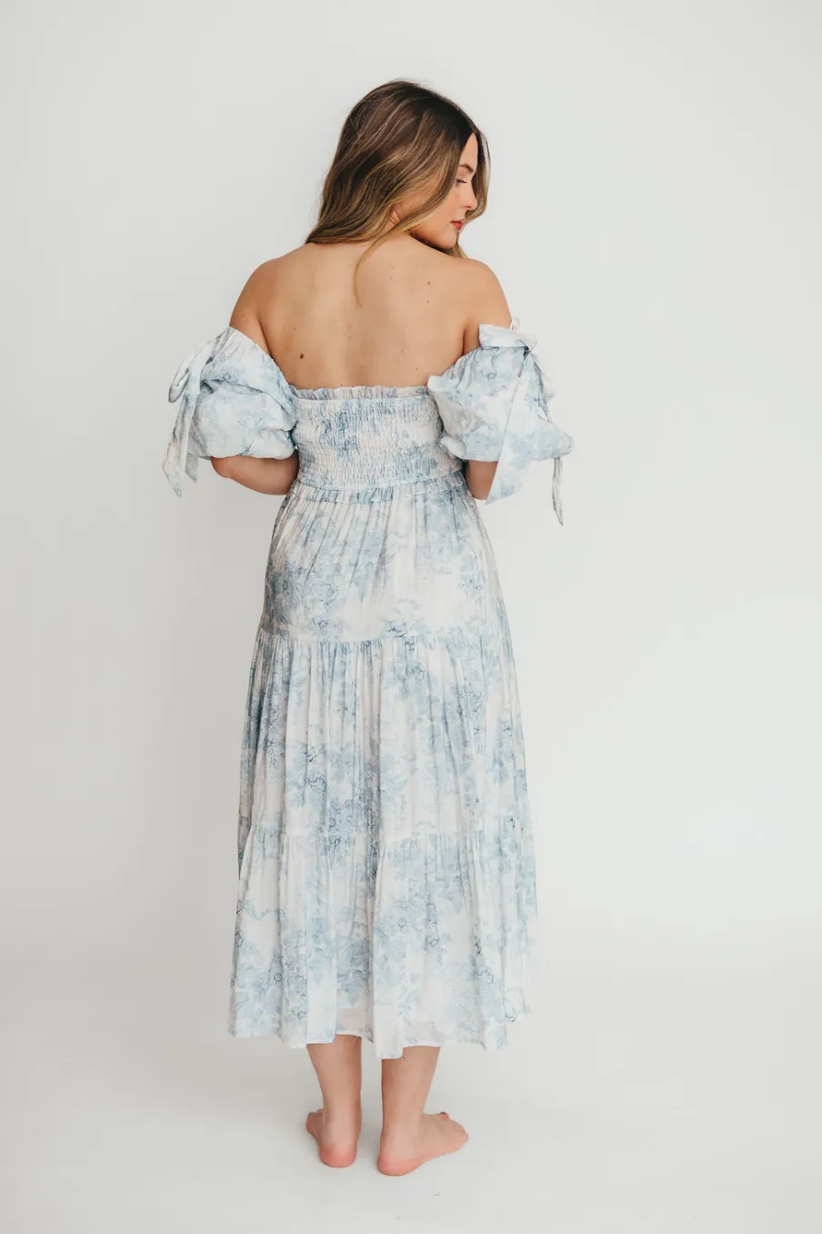 Best Worth Collective Elena Floral Print Smocked Midi Dress in Blue - Bump Friendly & Inclus