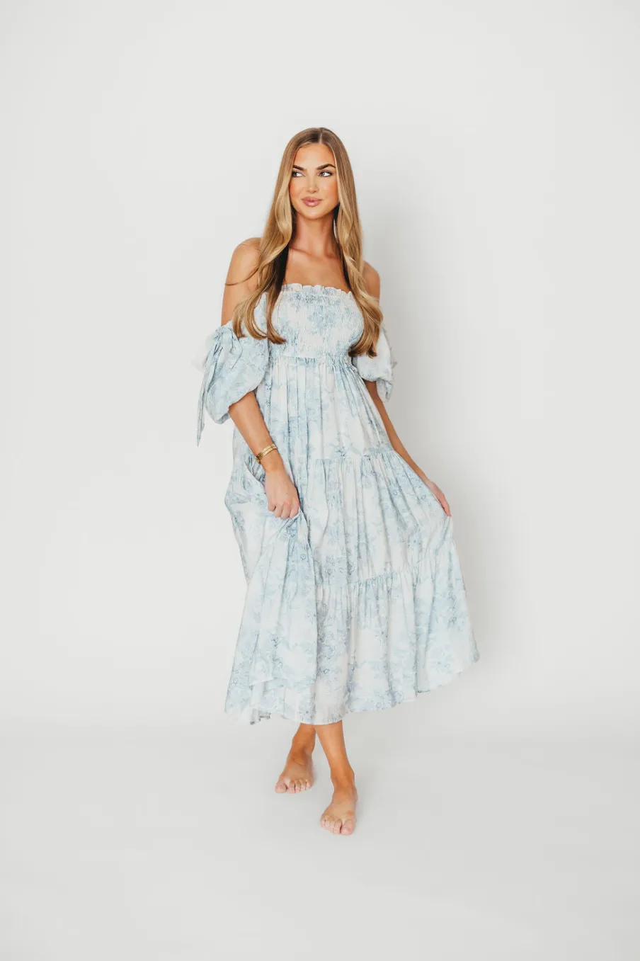 Best Worth Collective Elena Floral Print Smocked Midi Dress in Blue - Bump Friendly & Inclus