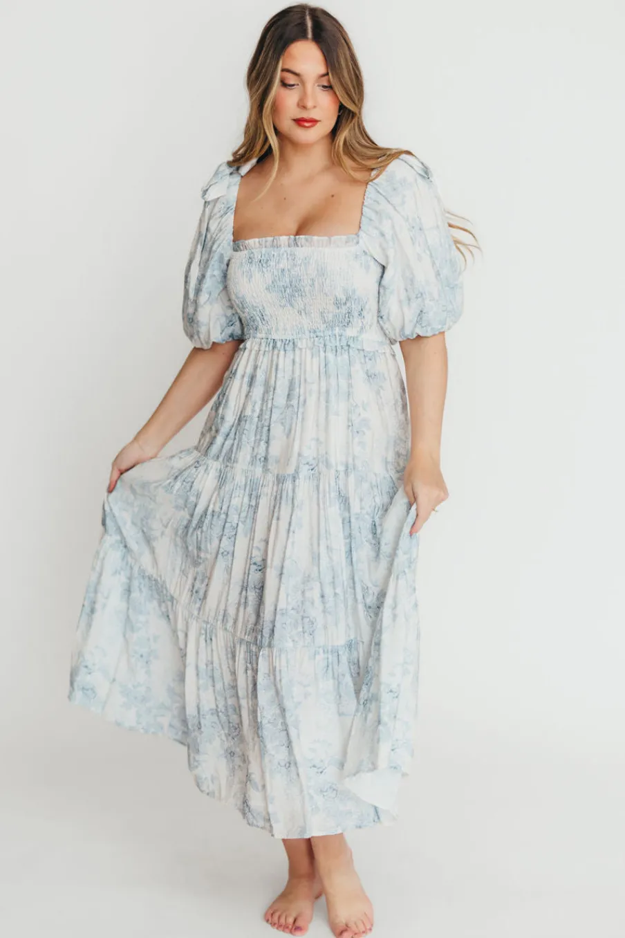 Best Worth Collective Elena Floral Print Smocked Midi Dress in Blue - Bump Friendly & Inclus