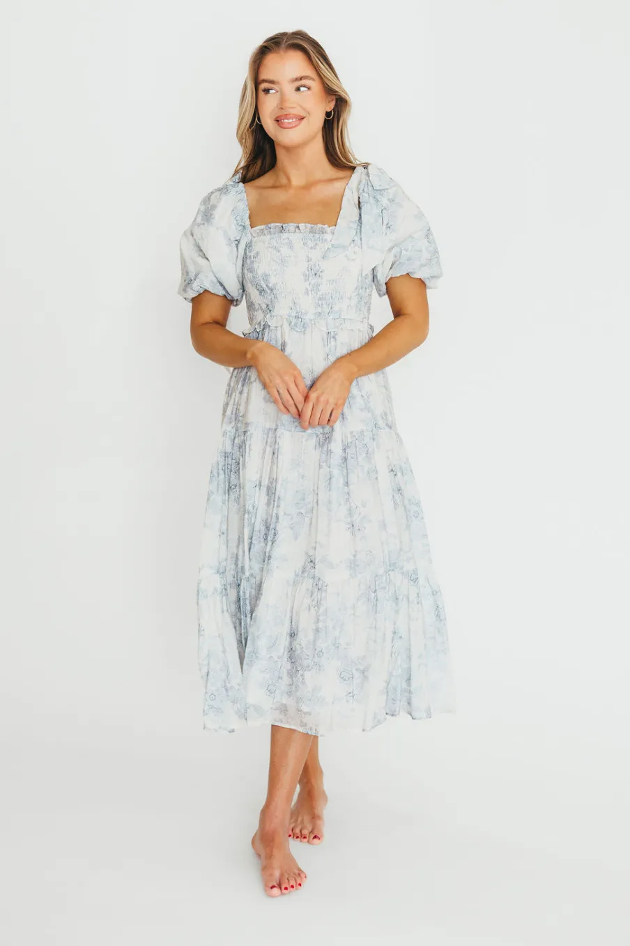 Best Worth Collective Elena Floral Print Smocked Midi Dress in Blue - Bump Friendly & Inclus