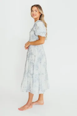 Best Worth Collective Elena Floral Print Smocked Midi Dress in Blue - Bump Friendly & Inclus