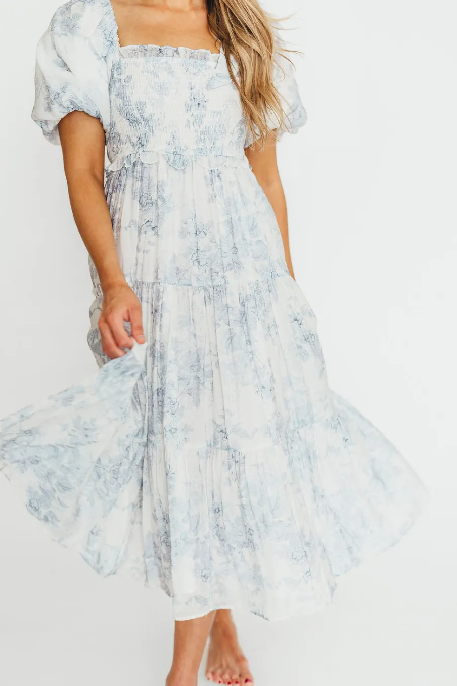 Best Worth Collective Elena Floral Print Smocked Midi Dress in Blue - Bump Friendly & Inclus