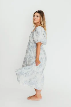 Best Worth Collective Elena Floral Print Smocked Midi Dress in Blue - Bump Friendly & Inclus