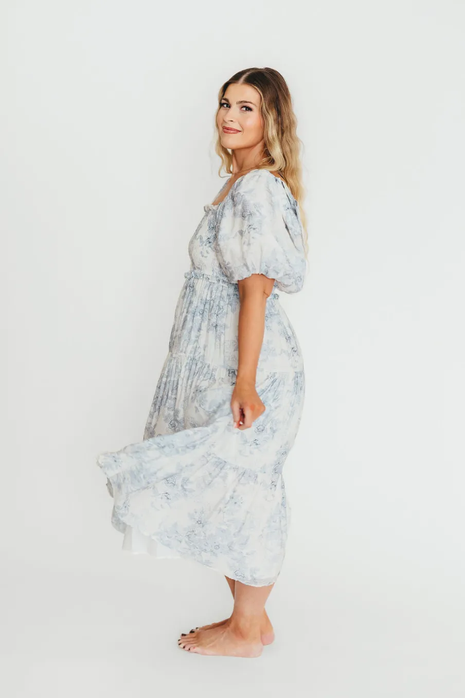 Best Worth Collective Elena Floral Print Smocked Midi Dress in Blue - Bump Friendly & Inclus