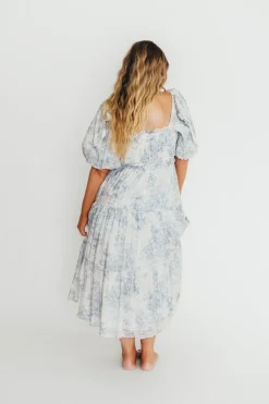 Best Worth Collective Elena Floral Print Smocked Midi Dress in Blue - Bump Friendly & Inclus