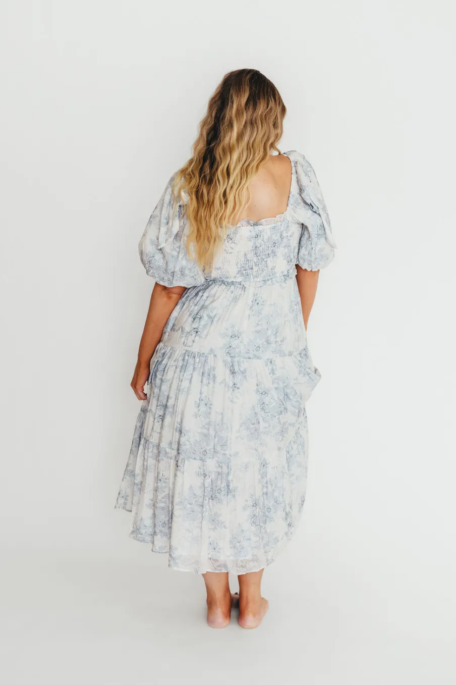 Best Worth Collective Elena Floral Print Smocked Midi Dress in Blue - Bump Friendly & Inclus