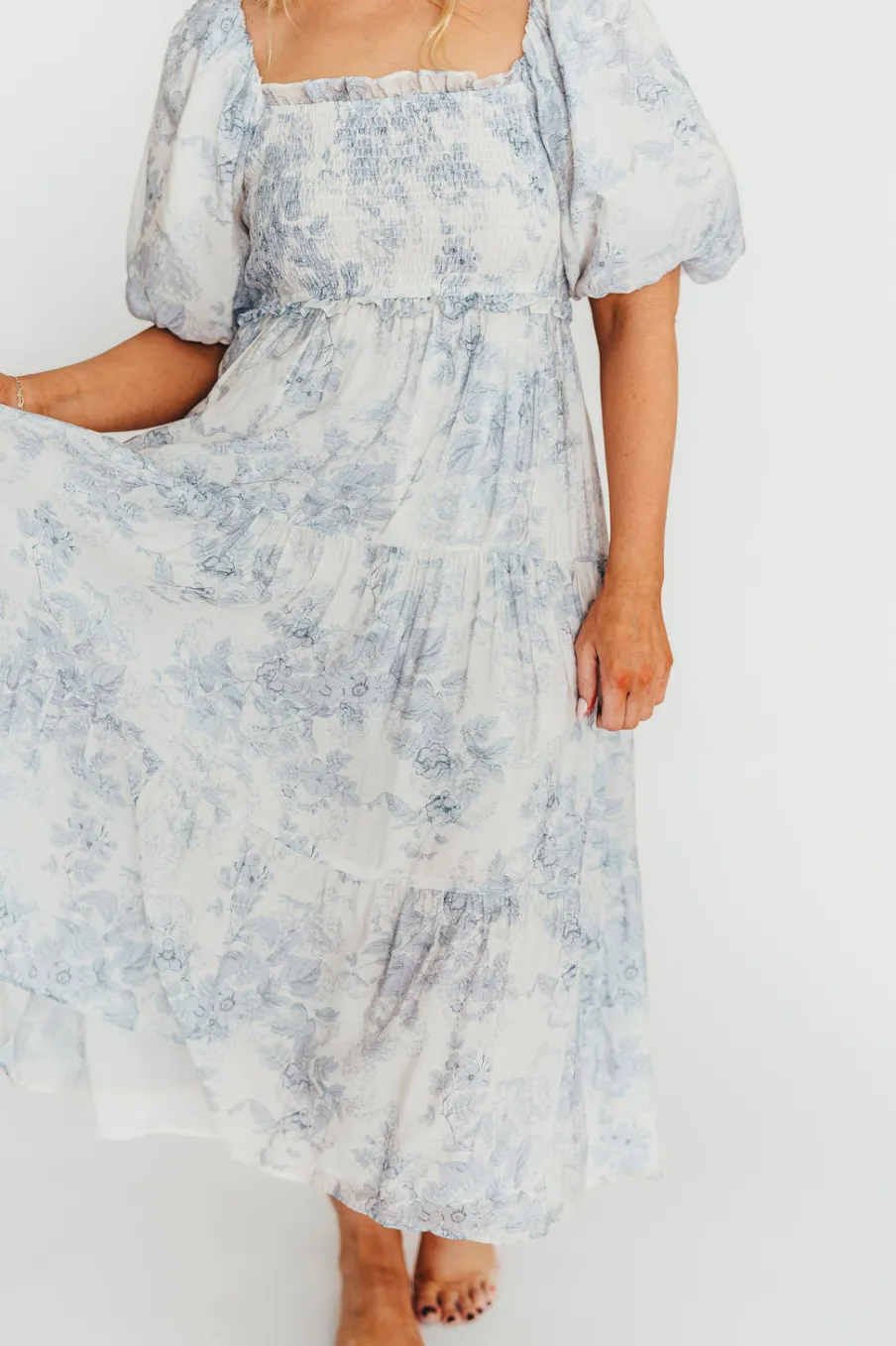 Best Worth Collective Elena Floral Print Smocked Midi Dress in Blue - Bump Friendly & Inclus