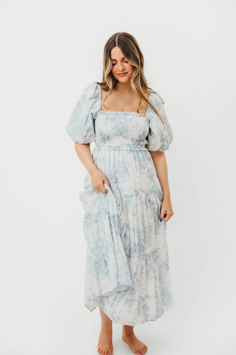 Best Worth Collective Elena Floral Print Smocked Midi Dress in Blue - Bump Friendly & Inclus