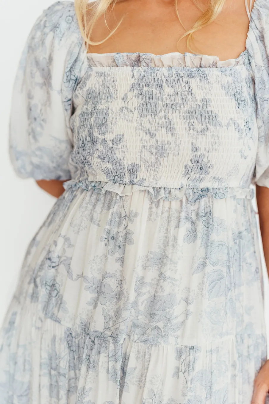 Best Worth Collective Elena Floral Print Smocked Midi Dress in Blue - Bump Friendly & Inclus