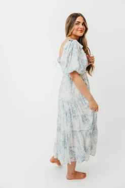 Best Worth Collective Elena Floral Print Smocked Midi Dress in Blue - Bump Friendly & Inclus