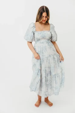 Best Worth Collective Elena Floral Print Smocked Midi Dress in Blue - Bump Friendly & Inclus