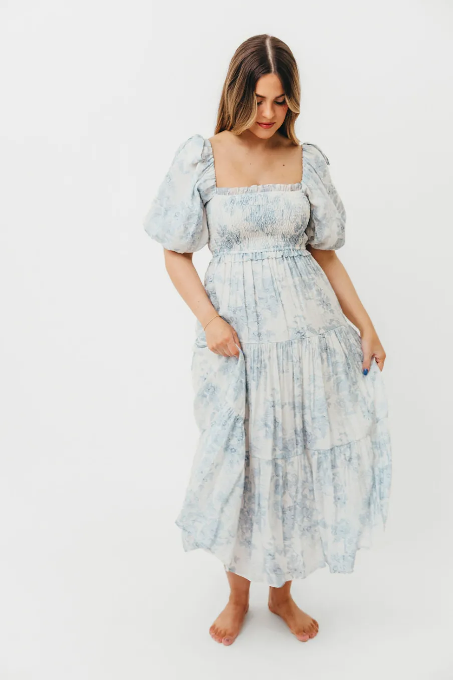 Best Worth Collective Elena Floral Print Smocked Midi Dress in Blue - Bump Friendly & Inclus