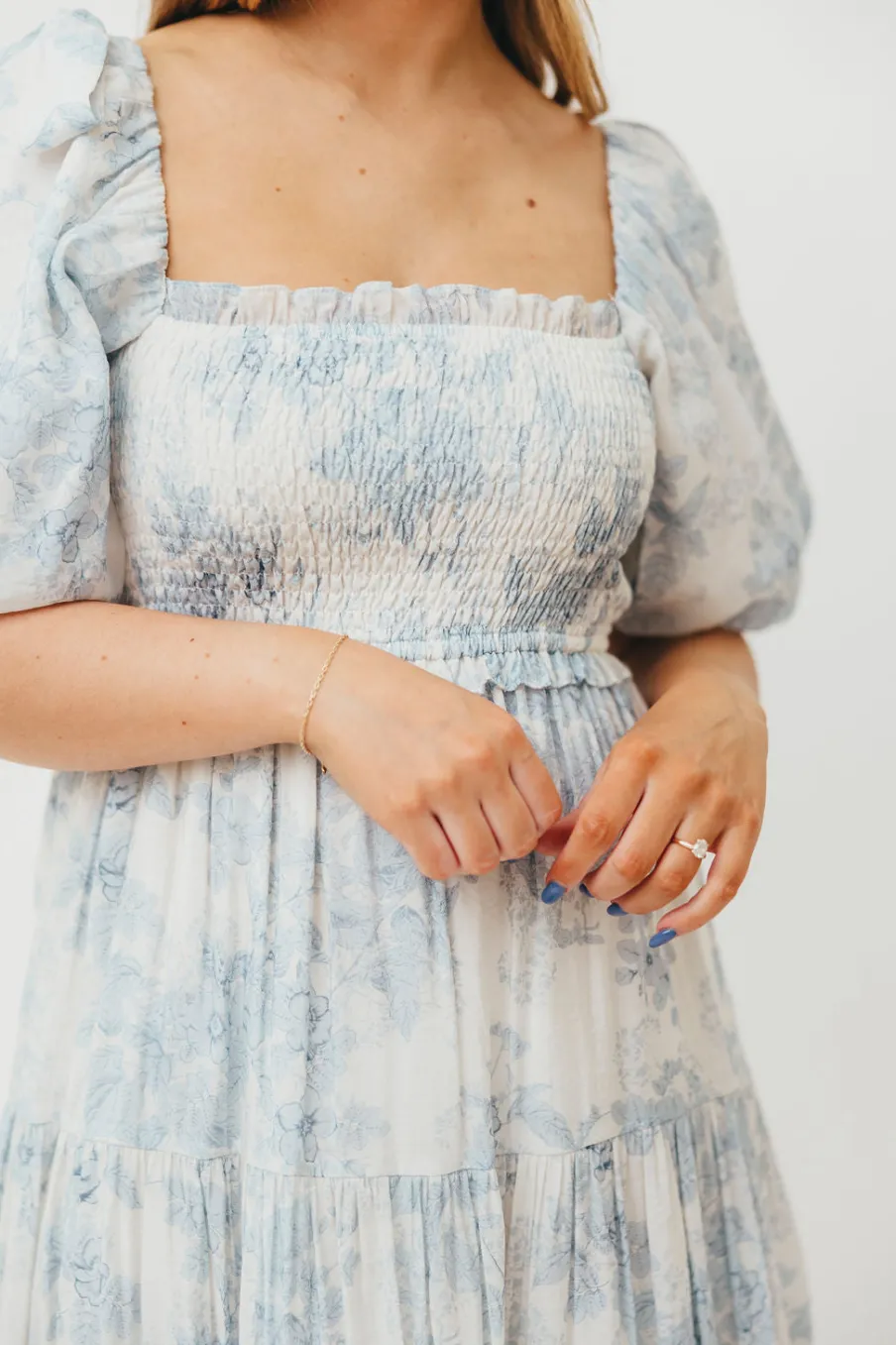 Best Worth Collective Elena Floral Print Smocked Midi Dress in Blue - Bump Friendly & Inclus
