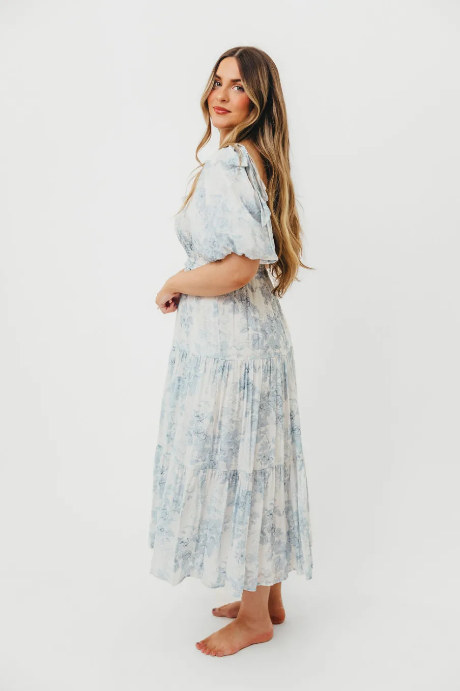 Best Worth Collective Elena Floral Print Smocked Midi Dress in Blue - Bump Friendly & Inclus