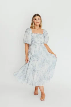 Best Worth Collective Elena Floral Print Smocked Midi Dress in Blue - Bump Friendly & Inclus