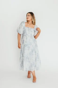 Best Worth Collective Elena Floral Print Smocked Midi Dress in Blue - Bump Friendly & Inclus