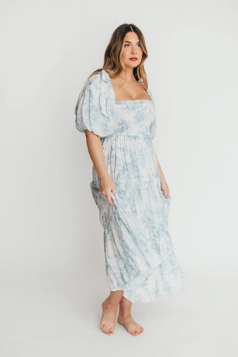 Best Worth Collective Elena Floral Print Smocked Midi Dress in Blue - Bump Friendly & Inclus