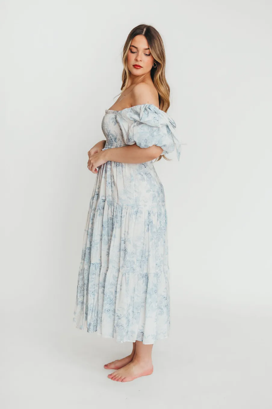 Best Worth Collective Elena Floral Print Smocked Midi Dress in Blue - Bump Friendly & Inclus