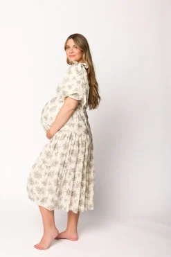 Discount Worth Collective Elena Toile Print Smocked Midi Dress in Ivory - Bump Friendly