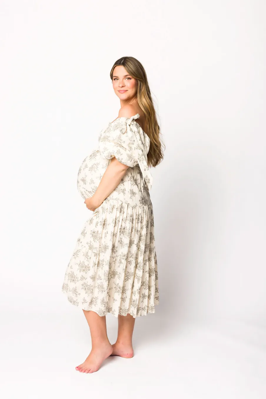 Discount Worth Collective Elena Toile Print Smocked Midi Dress in Ivory - Bump Friendly