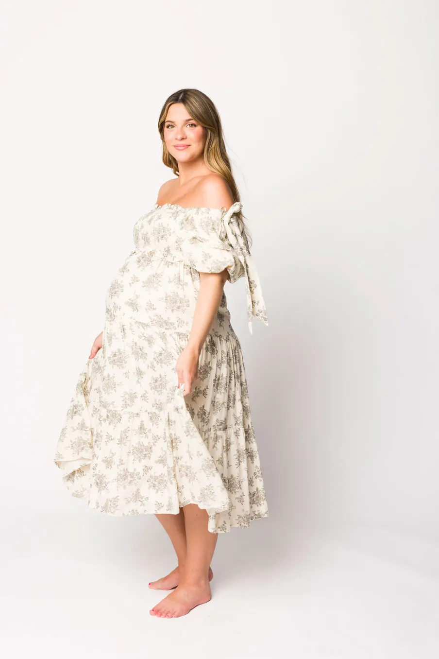 Discount Worth Collective Elena Toile Print Smocked Midi Dress in Ivory - Bump Friendly