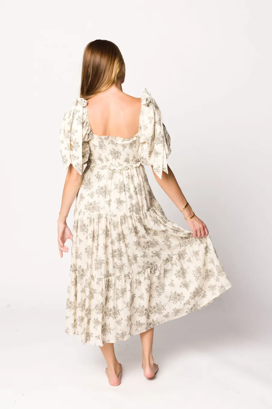 Discount Worth Collective Elena Toile Print Smocked Midi Dress in Ivory - Bump Friendly