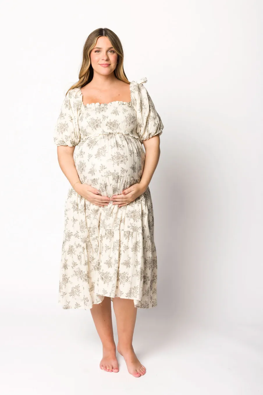 Discount Worth Collective Elena Toile Print Smocked Midi Dress in Ivory - Bump Friendly