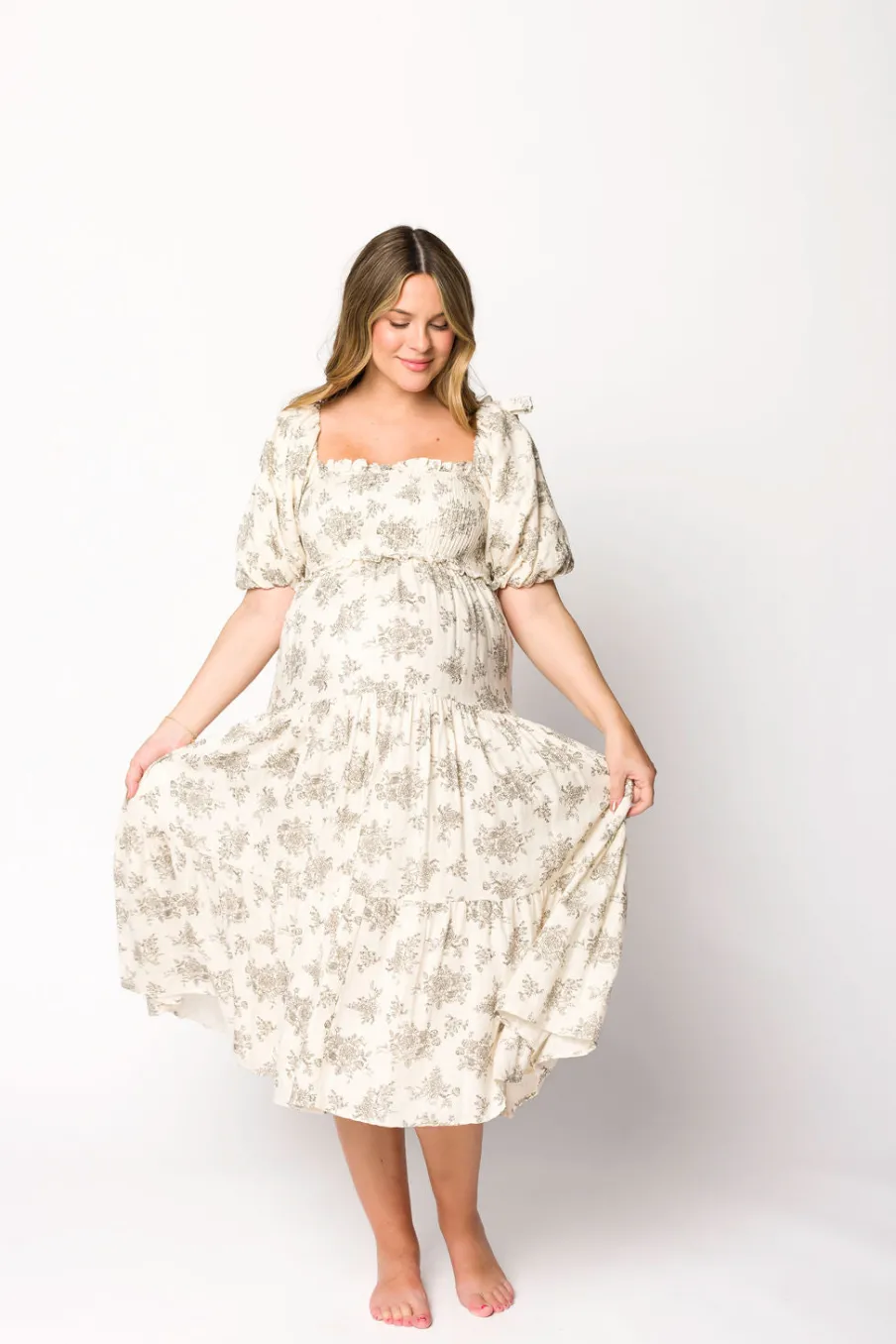 Discount Worth Collective Elena Toile Print Smocked Midi Dress in Ivory - Bump Friendly