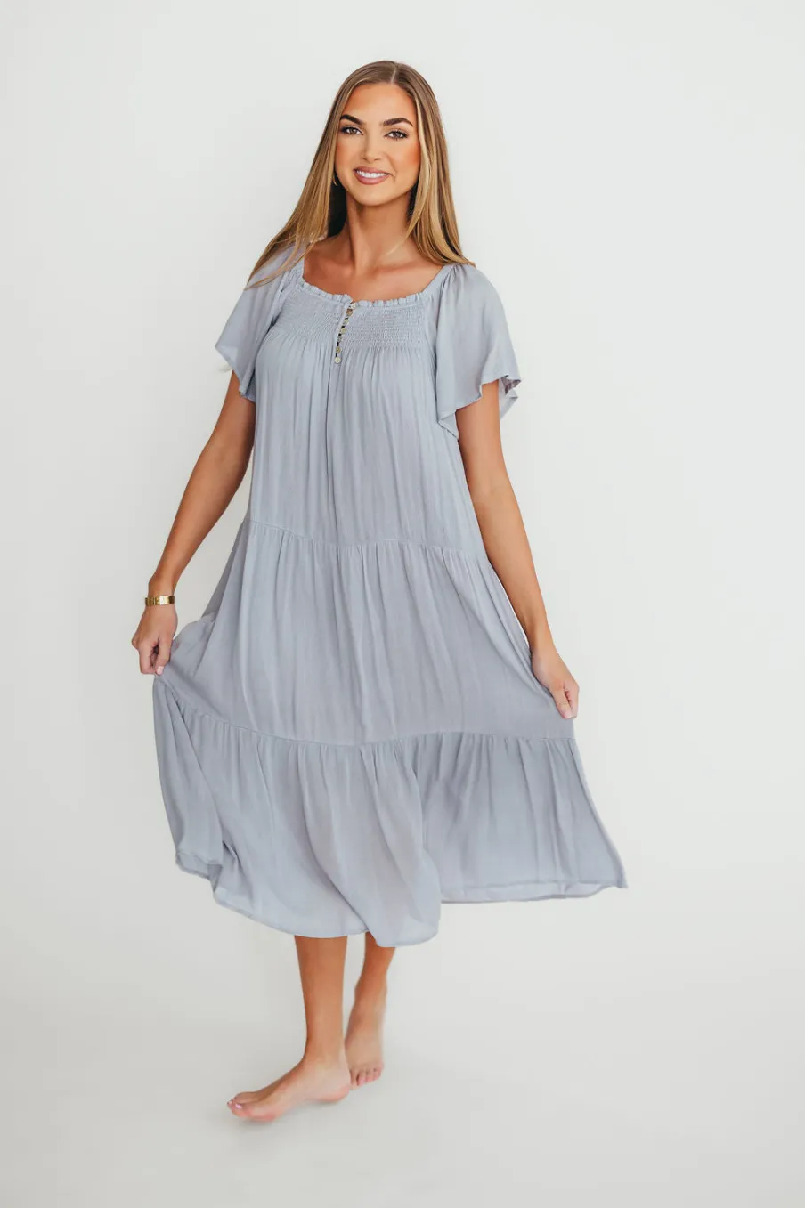 Online Worth Collective Eloise Flutter Sleeve Midi Dress in Slate