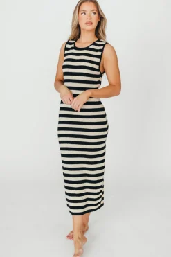 Best Worth Collective Elsie Knit Midi Dress in Black/Natural Stripe