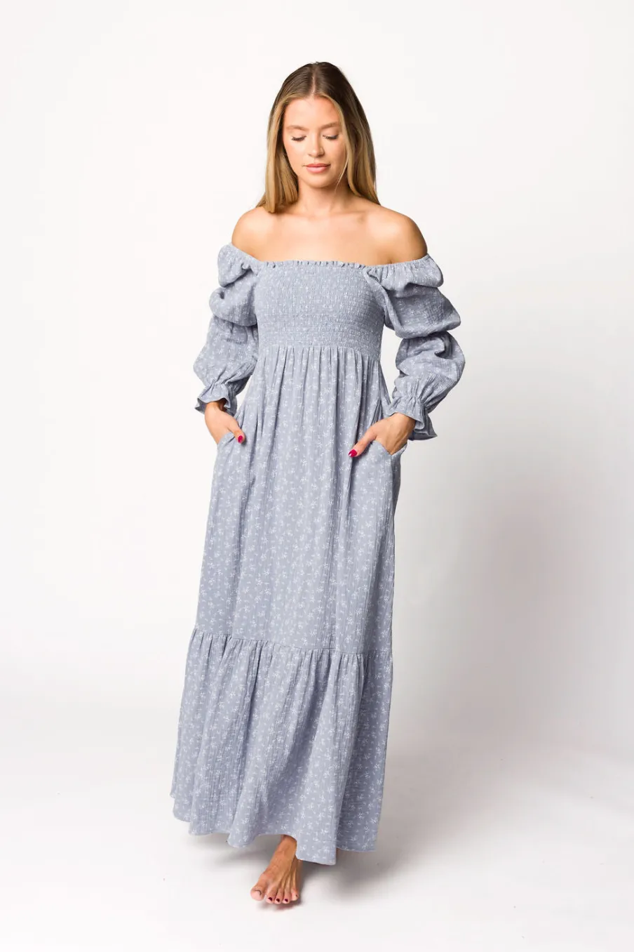 Sale Worth Collective Emerson 100% Cotton Gauze Maxi Dress in Indigo - Bump Friendly