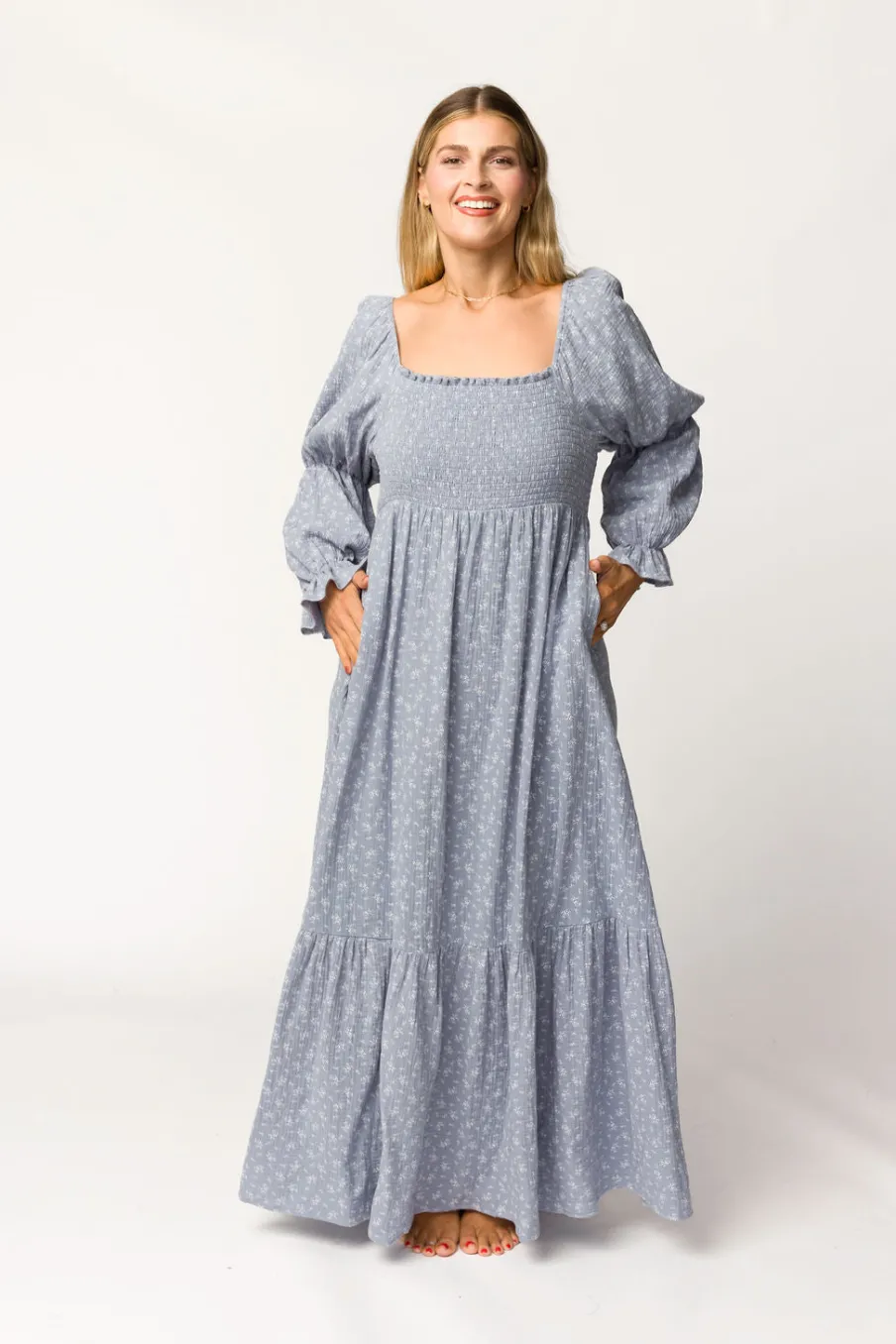 Sale Worth Collective Emerson 100% Cotton Gauze Maxi Dress in Indigo - Bump Friendly