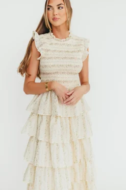 Outlet Worth Collective Emery Ruffled Midi Dress in Pink Floral