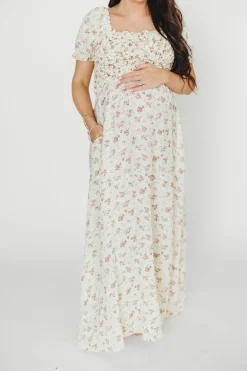 Discount Worth Collective Emilia 100% Cotton Smocked Maxi Dress in Ivory/Mauve Floral - Bump Fri