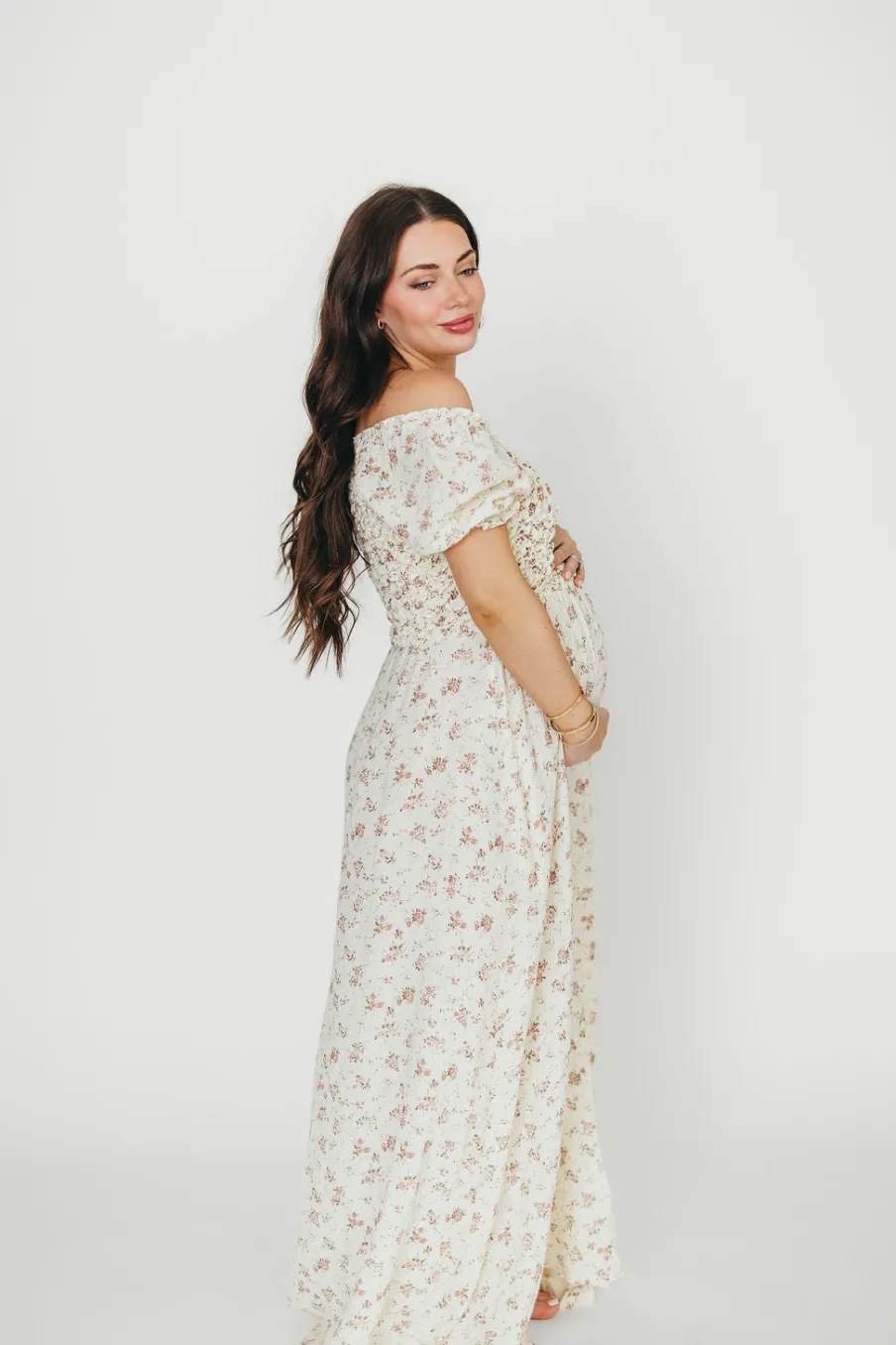 Discount Worth Collective Emilia 100% Cotton Smocked Maxi Dress in Ivory/Mauve Floral - Bump Fri