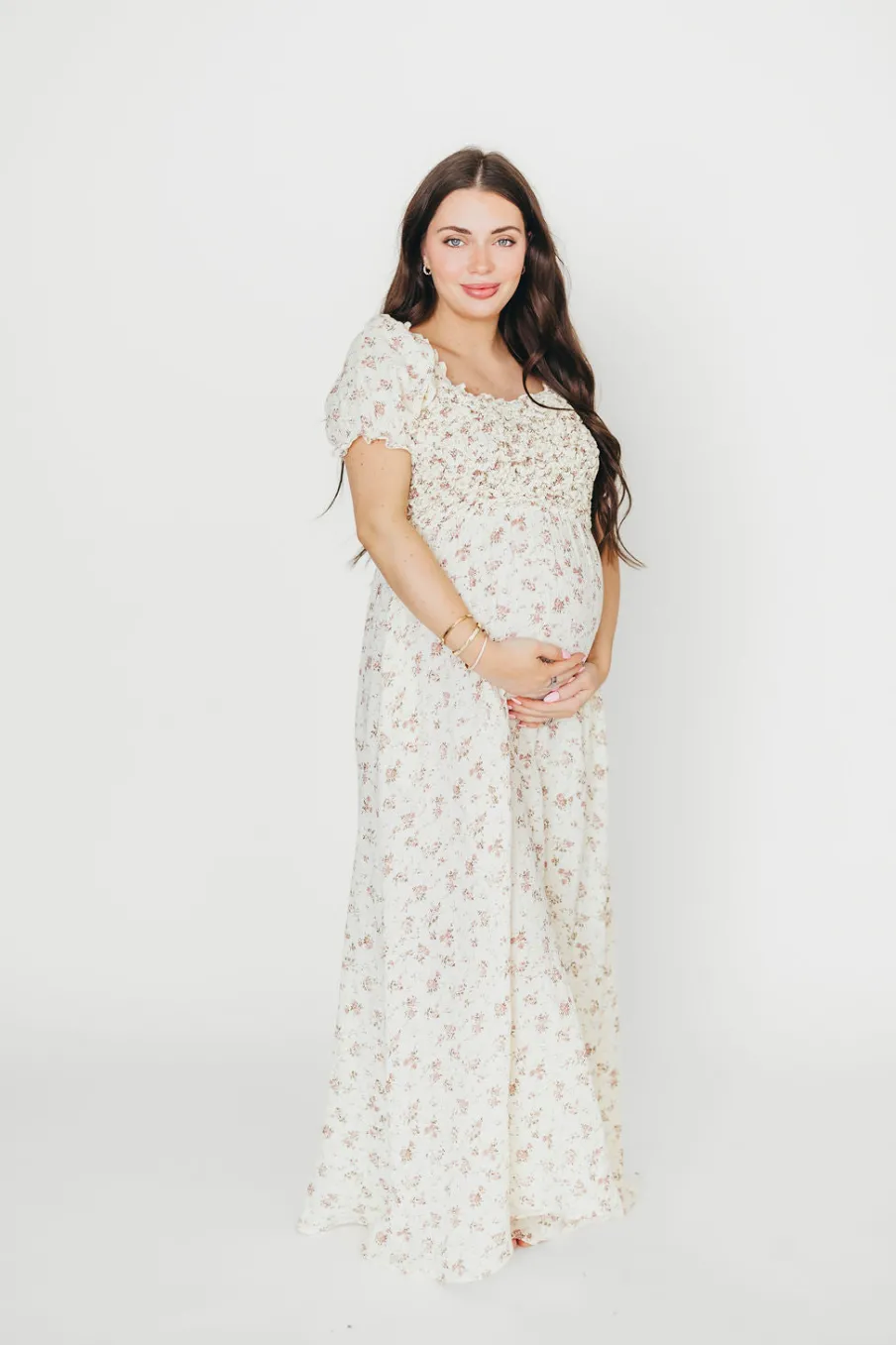 Discount Worth Collective Emilia 100% Cotton Smocked Maxi Dress in Ivory/Mauve Floral - Bump Fri