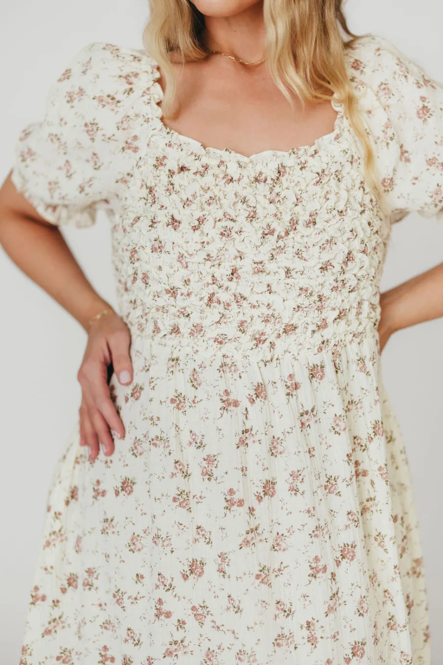 Discount Worth Collective Emilia 100% Cotton Smocked Maxi Dress in Ivory/Mauve Floral - Bump Fri