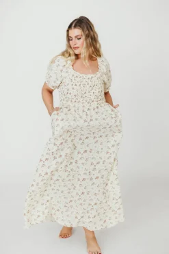 Discount Worth Collective Emilia 100% Cotton Smocked Maxi Dress in Ivory/Mauve Floral - Bump Fri