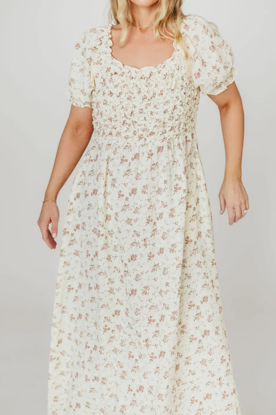 Discount Worth Collective Emilia 100% Cotton Smocked Maxi Dress in Ivory/Mauve Floral - Bump Fri