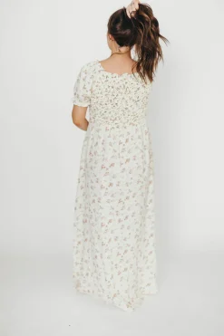Discount Worth Collective Emilia 100% Cotton Smocked Maxi Dress in Ivory/Mauve Floral - Bump Fri