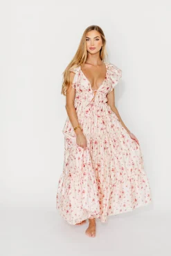 Online Worth Collective Enchanted Floral & Gingham Ruffled Maxi Dress in Pink Rose